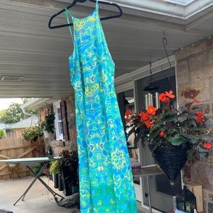 Retro print Halter style maxi dress